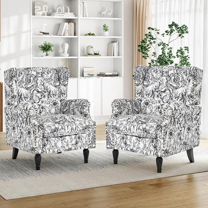 Pia Ricco High Back Floral Accent Chair - Retro Wingback Upholstered Armchair with Nailhead Trim, Solid Wood Legs, Fabric Living Room Bedroom Reading Chair (Rococo Black)