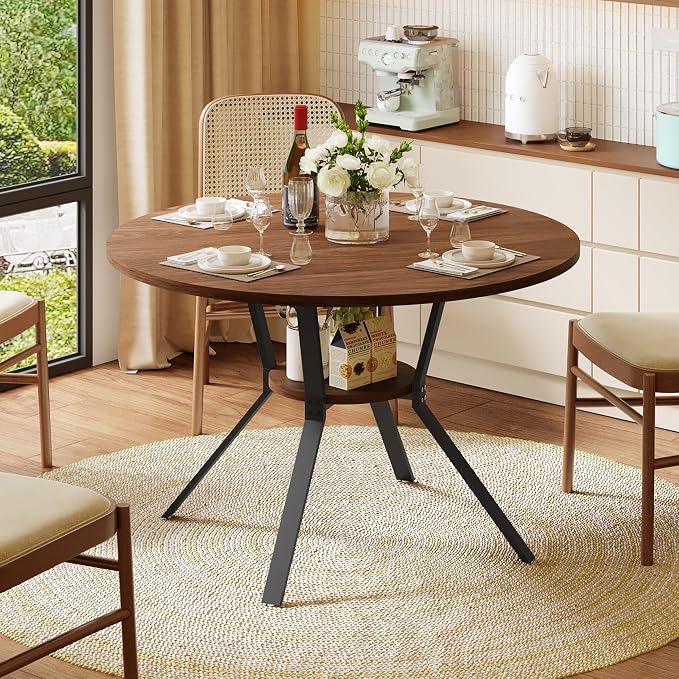 Dining Table for 2-4, 43“ Round Dining Room Kitchen Table with Storage,Round Table for Living Room,Fluted Wood Table,Oval Dinner Furniture with Adjustable feet (Walnut, 43 Inch)