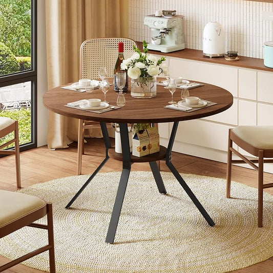 Dining Table for 2-4, 43“ Round Dining Room Kitchen Table with Storage,Round Table for Living Room,Fluted Wood Table,Oval Dinner Furniture with Adjustable feet (Walnut, 43 Inch)