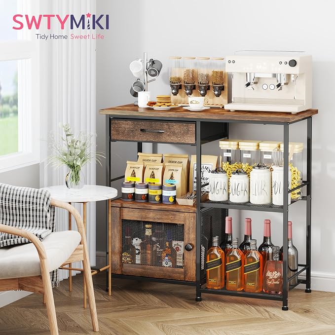 SWTYMIKI 33.31''x14.25'' Coffee Bar Cabinet - Large Farmhouse Coffee Stand Station Multi-Purpose Buffet Sideboard Cabinet with Drawers - Kitchen Bar Table for Living Room, Small Space, Espresso