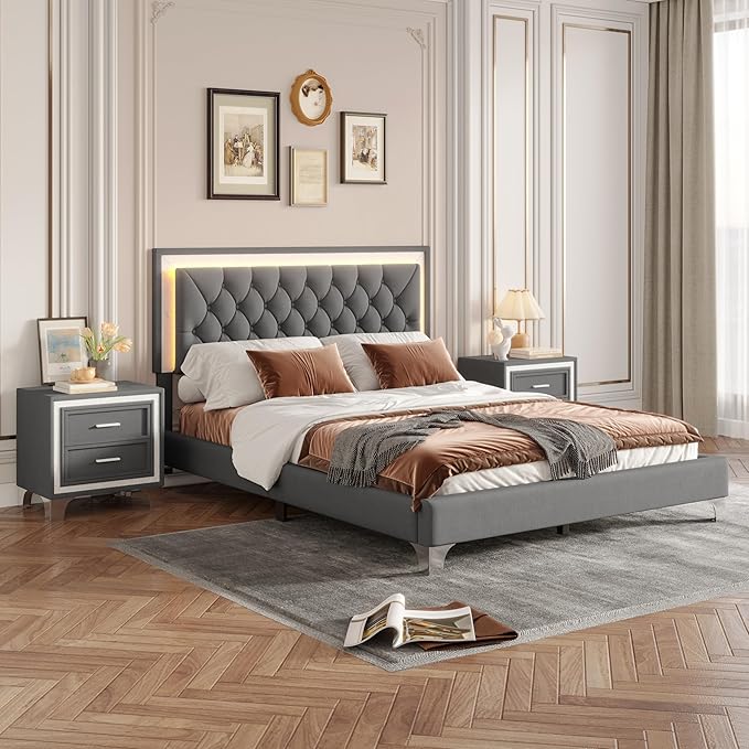 Harper & Bright Designs 3 Pieces Bedroom Sets, Mid Century Modern Queen Size Upholstered Platform Bed Frame with Headboard, 2 Nightstands and LED Lights, Bedroom Furniture Sets (Gray)