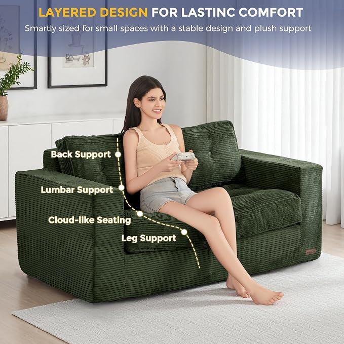 MAXYOYO Loveseat Sofa Couch, Upholstered Bean Bag Chair Cloud 2-Seat for Adults, Boneless Couch with Tufted Cushion & Pillows, Sofa in A Box, No Assembly Required, Dark Green