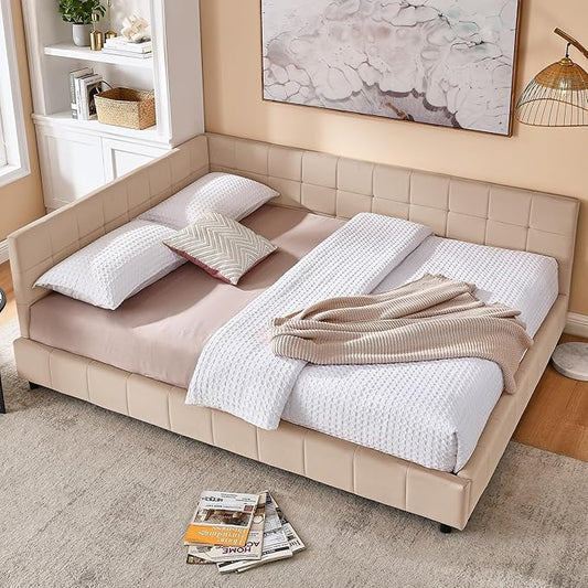 Bellemave Queen Size Corner Bed Frame with Comfortable Backrest and Armrests, Velvet Tufted Corner Bed Frame Queen Size, Upholstered Daybed for Bedroom, Living Room, Guest Room, Pink