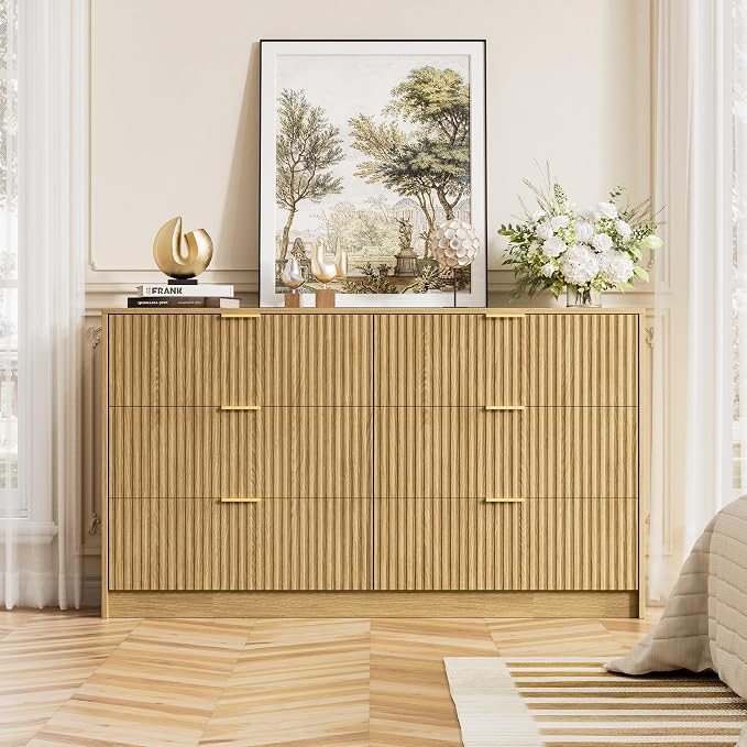 Furniway Mid Century Modern Dresser for Bedroom, 6 Drawer Wood Dresser with Fluted Front, 55.1" Wide Chest of Drawers for Living Room, Hallway, Natural Oak