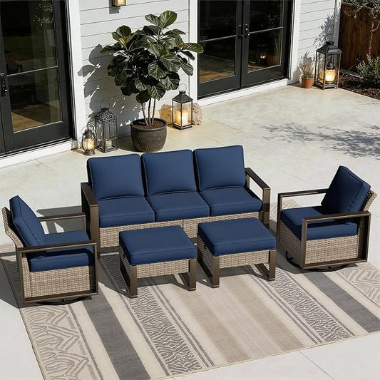 Outdoor Patio Swivel Rocker Chairs, 5 Pieces Wicker Furniture Set, 2 Swivel Rocking Chairs, 1 Sofa and 2 Ottoman, Metal Wide Armrest, Thick Cushions and Deep Seating for Garden, Backyard, Porch, Deck