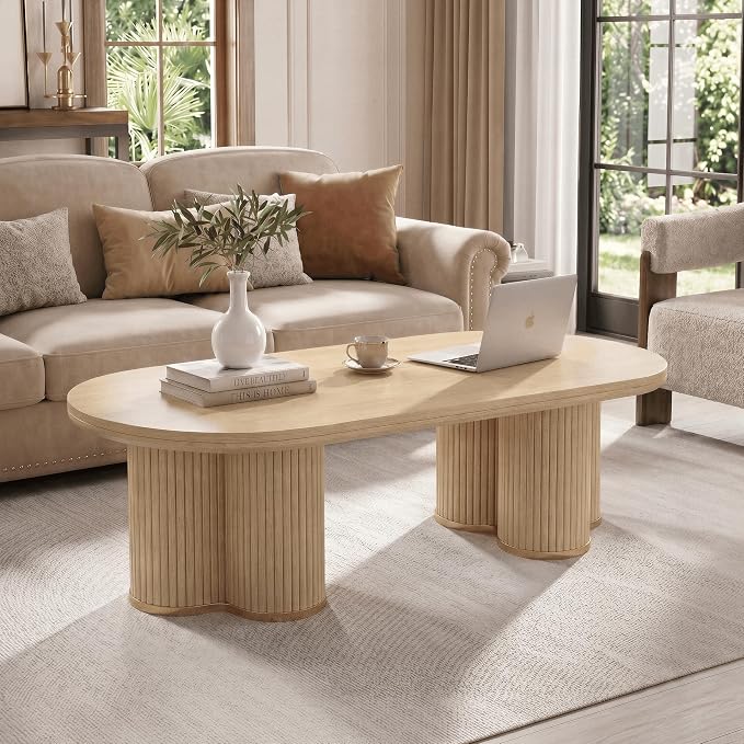 YOSHOOT Oval Fluted Coffee Tables for Living Room, 47" Wood Coffee Table | Modern Coffee Table for Living Room Home Office, Farmhouse Center Table, Oak