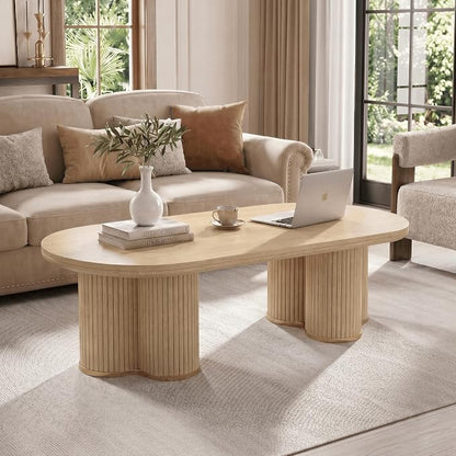 YOSHOOT Oval Fluted Coffee Tables for Living Room, 47" Wood Coffee Table | Modern Coffee Table for Living Room Home Office, Farmhouse Center Table, Oak