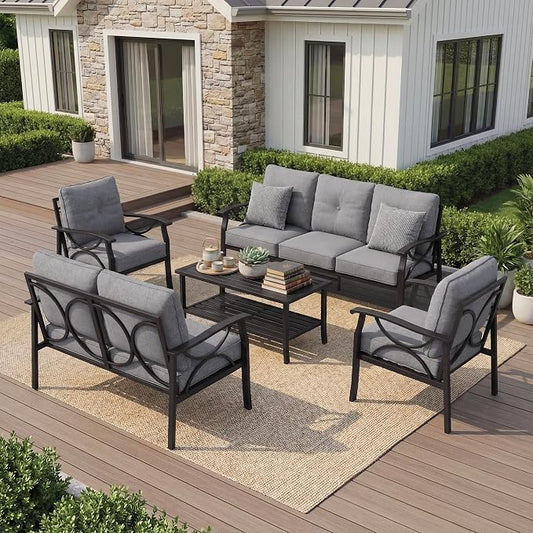 RoyalCraft Outdoor Patio Furniture Set, 7 Seats Outdoor Patio Set with 4" Thick Cushion, All-Weather Metal Patio Sofa with Coffee Table, Outdoor Sectional Furniture for Backyard Porch, Khaki&Grey