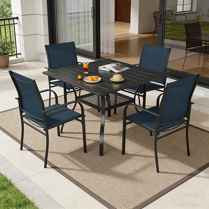 SUNCROWN 5 - Piece Furniture Set, Outdoor Dining Set with 4 x Textilene Dinning Chairs and 1 Steel Slat Metal Bistro Table for Lawn Garden Backyard Deck, Dark Blue