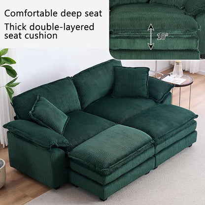 84.6” Corduroy Loveseat with Ottoman, Oversized Double Chaise Lounge Chair Indoor Deep Seat Two Seater Couch Cloud Couch Modular Sectional Sofa for Living Room(Corduroy Green)