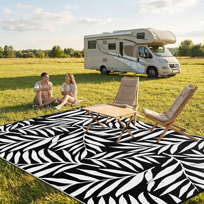 Smiry Outdoor Rug 9x12 ft, Waterproof Reversible Plastic Straw Rugs, Outdoor Area Rug with Leaf Pattern, Outside Floor Mat for Patio, Backyard, Deck, Picnic, Beach, Camping, Black & White