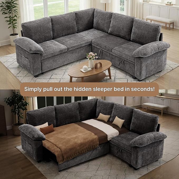 85" Modular Sectional Sofa Bed with Storage, L Shaped Pull Out Couch, Removable Chenille Sofa Cover for Living Room (Grey, 5 Seat)