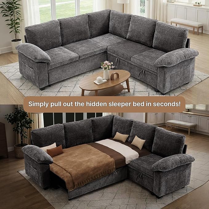108" Modular Sectional Sofa Bed with Storage, L Shaped Pull Out Couch, Removable Chenille Sofa Cover for Living Room (Grey, 7 Seat)