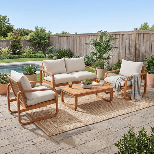 VilroCaz Acacia Wood 4-Piece Patio Conversation Set, All Weather Sectional Sofa Set w/ 2 Chairs, Loveseat & Table, Outdoor Furniture Set with Woven Rope Accents and Cushions for Backyard Pool
