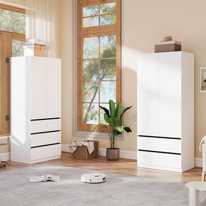 White Armoire Wardrobe Closet with 2 Doors, 75" Bedroom Wardrobe Closet for Hanging Clothes, Modern Wood Storage Closets Cabinet with System (A+B, 63")