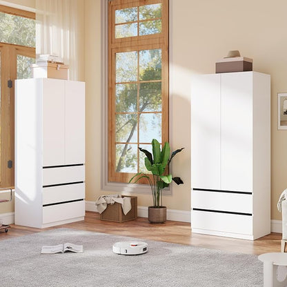 White Armoire Wardrobe Closet with 2 Doors, 75" Bedroom Wardrobe Closet for Hanging Clothes, Modern Wood Storage Closets Cabinet with System (A+B, 63")