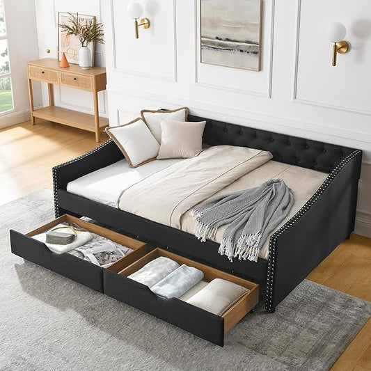 KEIKI Full Size Upholstery Daybed with 2 Drawers and Headboard, Mid-Century Style Tufted Sofa Bed with Button on Back, Easy Assembly, No Box Spring Required, for Living Room and Bedroom, Black