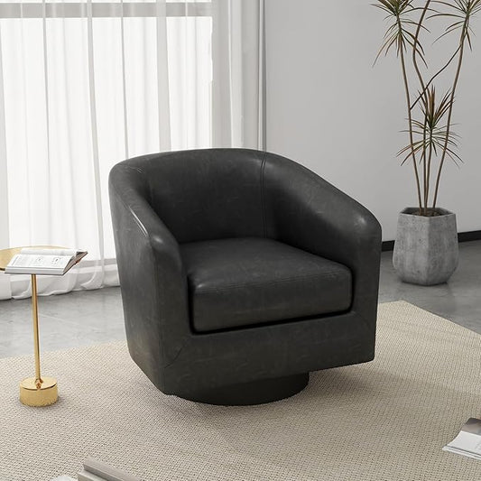 Swivel Barrel Accent Chair, Faux Leather Club Chair Upholstered Armchair for Living Room, Modern Arm Chair Small Single Sofa Bedroom Side Reading Seat - Black