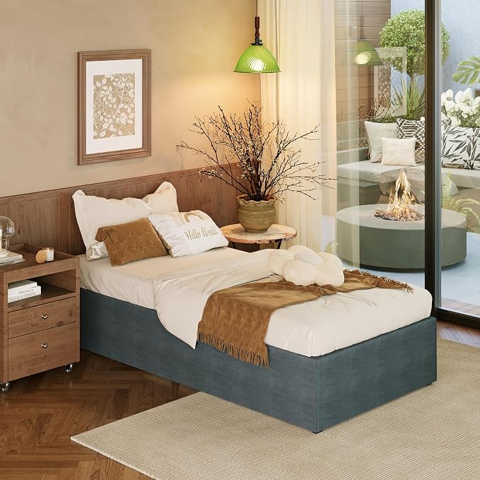 EMODA 14 Inch Twin Bed Frames with Cover Skirt, Heavy Duty Metal Twin Platform Bed Frame No Box Spring Needed, Noise Free, Easy Assembly