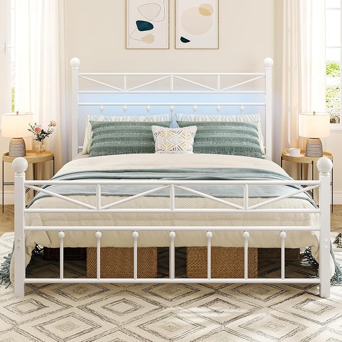 EnHomee 14.2" Queen Size Metal Platform Bed Frame, 54" Tall Headboard and LED Lights, Victorian Vintage Footboard, Under Bed Storage, Heavy Duty Metal Slats & Noise Free, White