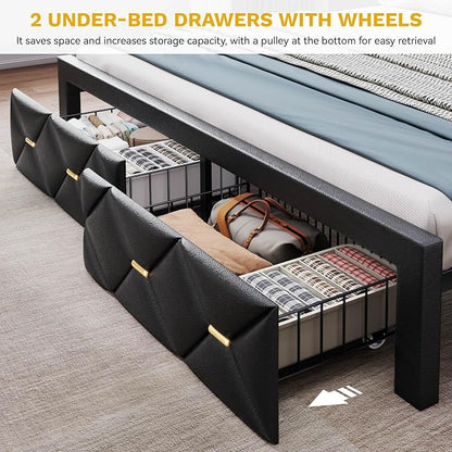 DWVO King Size Bed Frame with 2 Storage Drawers and Storage Headboard, Upholstered Platform with Charging Station and LED Light, No Box Spring Needed, Noise Free, Easy Assembly, PU Leather Black