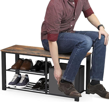 Simple Houseware 2 Tier Shoes Bench with Wood Top and Storage Bins, Rustic Brown