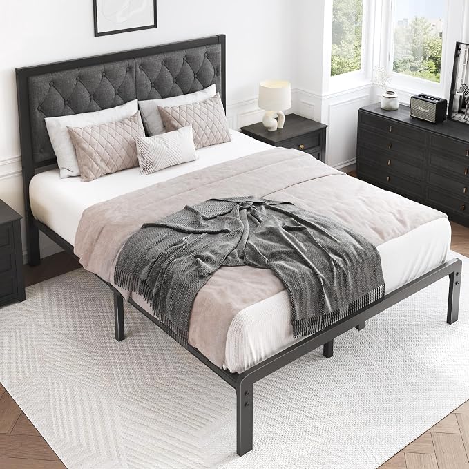 HISOFT Full Bed Frame with Upholstered Button Tufted Headboard, Bed Frame Platform Metal Slats Support, Under Bed Storage, No Box Spring Needed, Noise-Free, Easy Assembly, Grey