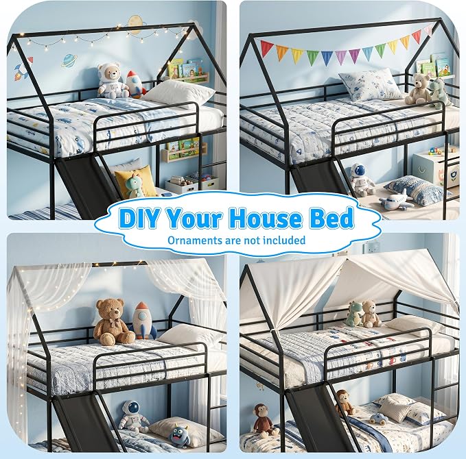 Bunk Bed with Slide, Twin Over Twin Bunk Bed with Ladder and Guardrail, Space Saving & Heavy Duty House Loft Bed for Kids, No Box Spring Needed(Black)
