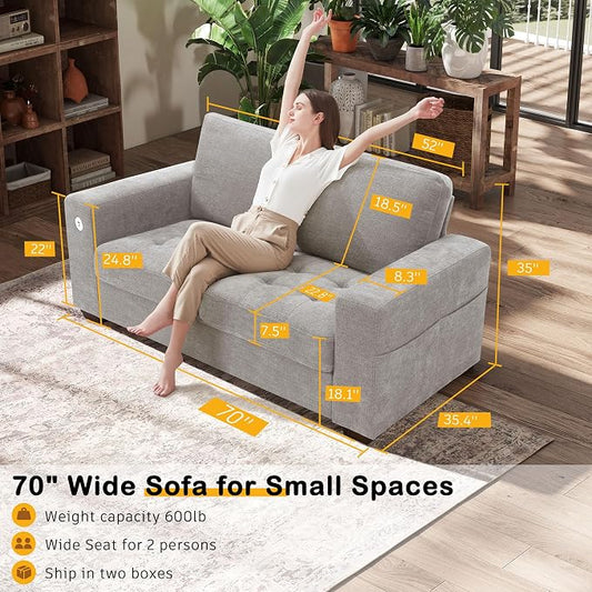 Hanherry 70" Loveseat Sofa for Living Room, Modern Comfy Couch with Medium Firm Seat Cushion, Removable Cover,Wide Armrest,USB/Type-C Port,Chenille Fabric Couches for Small Space,Apartment,Bedroom