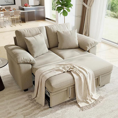 WorthFurni 61” Pull Out Couch, 2 in 1 Sleeper Sofa Bed with Throw Pillow, Convertible Small Loveseat Sleeper Couch for Living Room, Bedroom, Apartment (Sand)