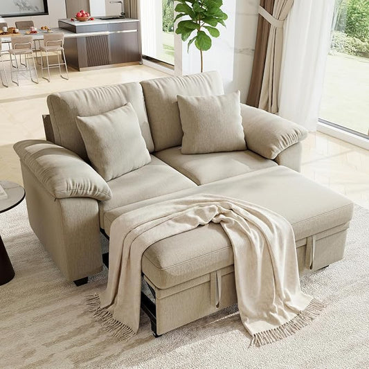 WorthFurni 61” Pull Out Couch, 2 in 1 Sleeper Sofa Bed with Throw Pillow, Convertible Small Loveseat Sleeper Couch for Living Room, Bedroom, Apartment (Sand)