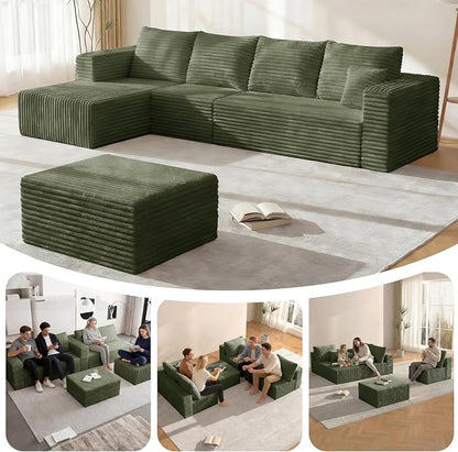 BSHOMGI 92.5'' U-Shaped Boneless Couches, Comfy Corduroy 3 Seaters Sofas with Ottoman, Modern High Back Sectional Sofa for Living Room with Oversized Chaise Deep Seat Sofa, No Assembly Needed
