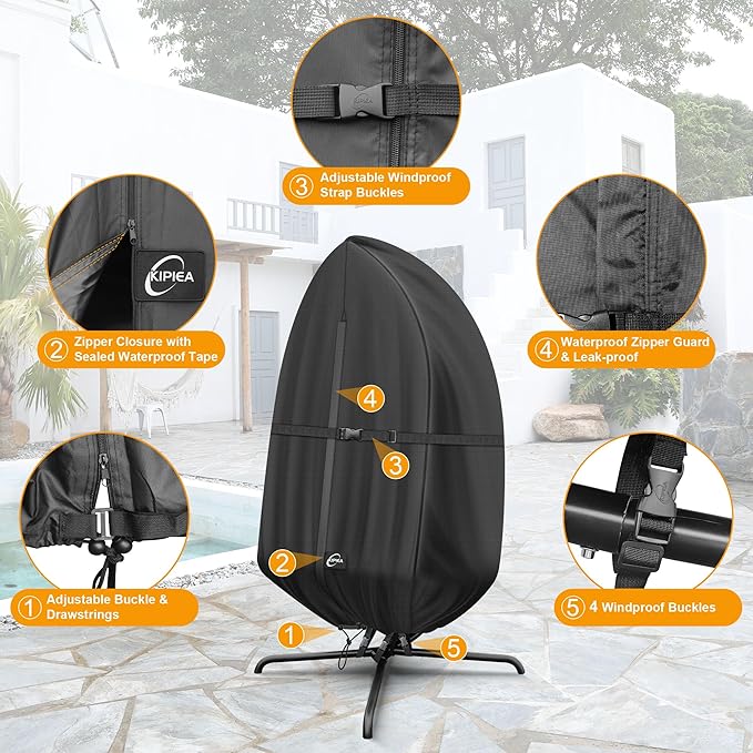Kipiea Patio Egg Chair Covers Waterproof, Upgraded 500D Outdoor Hanging Egg Chair Covers with Waterproof Zipper, Single Seat Swing Chair Cover, Windproof, Anti-UV, No Tears ( Up to 45" W x 75"H )