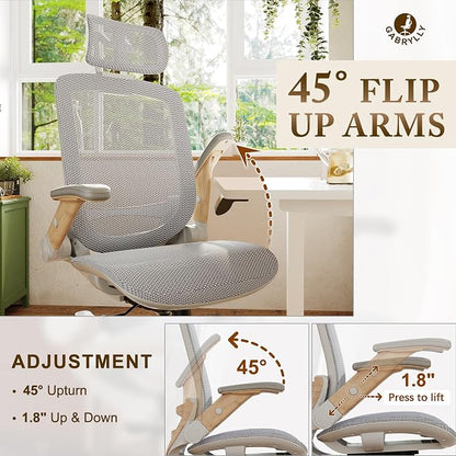 GABRYLLY Ergonomic Office Chair, High Back Home Desk Chair with Flip-Up Arms, Headrest, 90-120° Tilt and Wide Cushion, 300LBS White Mesh Chair for Work Gaming Study (GY01-NT, Woodgrain Pattern)