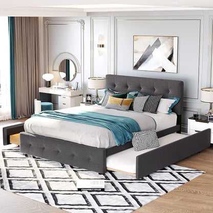 Ball & Cast Queen Bed Frame with 2 Drawers and 1 Twin XL Trundle, Linen Upholstered Platform Bed Frame Queen Size with Button Tufted Headboard & Wood Slats Support,No Box Spring Needed,Dark Gray