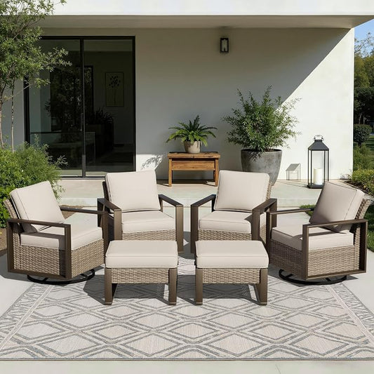 Joyside Outdoor Patio Swivel Rocker Chairs, 5 Pieces Wicker Furniture Set, 2 Swivel Rocking Chairs and 2 Ottoman, Metal Wide Armrest, Thick Cushions and Deep Seating for Garden, Backyard, Porch, Deck