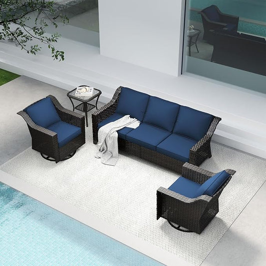 4 Pieces Patio Conversation Furniture Set - 1 Sofa, 2 Swivel Chairs, 1 Side Table, Outdoor Wicker Furniture with Removable Cushions for Porch, Balcony, Sunroom (Blue)