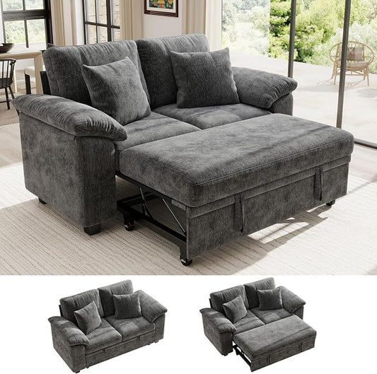 Ihanherry 61" Loveseat Sleeper Sofa, 2-in-1 Pull Out Couch Bed with 2 Pillows, Chenille Convertible Sofa Bed, Small Space Sleeper Couch for Living Room Apartment (Grey)