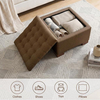 24 Inch Square Storage Ottoman Coffee Table, Modern Tufted Upholstered Ottoman with Flip Tray and Solid Wood Legs, Suitable for Living Rooms, Linen Brown