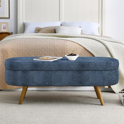 43.5" Ottoman with Storage, Storage Ottoman Bench with Safety Hinge, Foam End of Bed Bench, Upholstered Entryway Bench for Bedroom, Living Room & Window, Holds up to 330 lb, Dark Blue