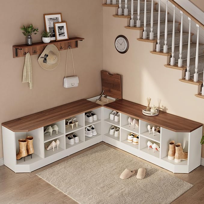 DWVO 61" L-Shaped Shoe Rack with Bench and Hooks, Corner Shoe Cabinet with Hidden Storage, Coat Rack & Seating for Entryway, Hallway, Bedroom, 61" D x 61" W x 18" H, White & Walnut