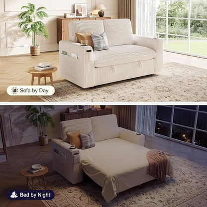 Sleeper Sofa with Pull Out Bed, Plush Corduroy Convertible Sofa Bed with Adjustable Backrest and Cup Holders, Loveseat Sleeper Couches for Living Room, Apartment, Beige