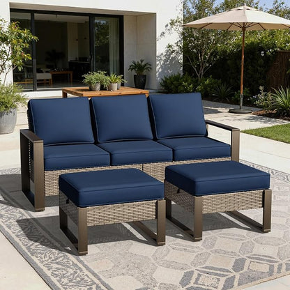 Joyside Outdoor Patio Sofa, 4 Pieces Wicker Rattan Furniture Set, 1 Patio Couch and 2 Ottoman, Metal Wide Armrest, Thick Cushions and Deep Seating for Garden, Backyard, Porch, Deck