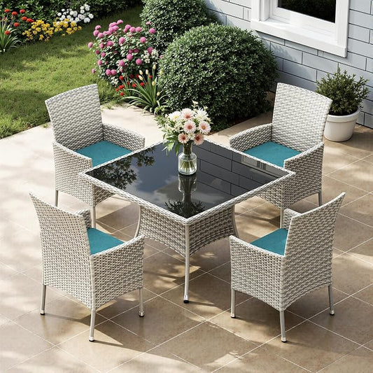 5-Piece Patio Dining Set, Patio Furniture Set with Square Tempered Glass Table & 4 Wicker Chairs, Expandable Design for Larger Groups, Outdoor Furniture for Backyard, Deck, Garden, Turquoise