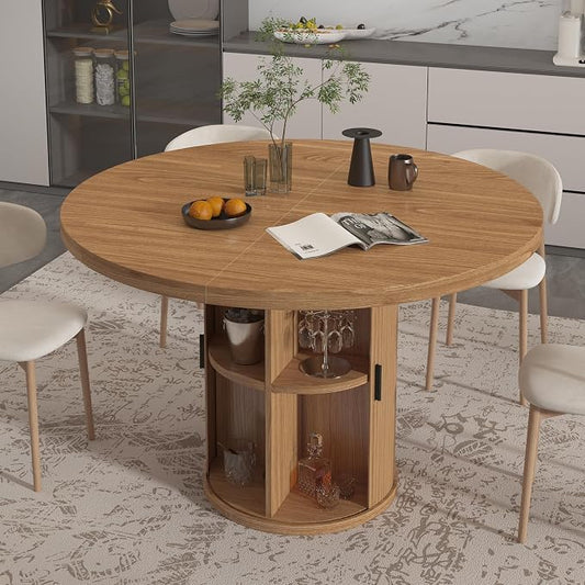 35.5'' Round Pedestal Dining Table, 2-4 Modern Fluted Dining Room Kitchen Table with Storage Shelf, Wood Base Dinner Tables for Kitchen, Breakfast Nook, Small Space, Living Room(Walnut)