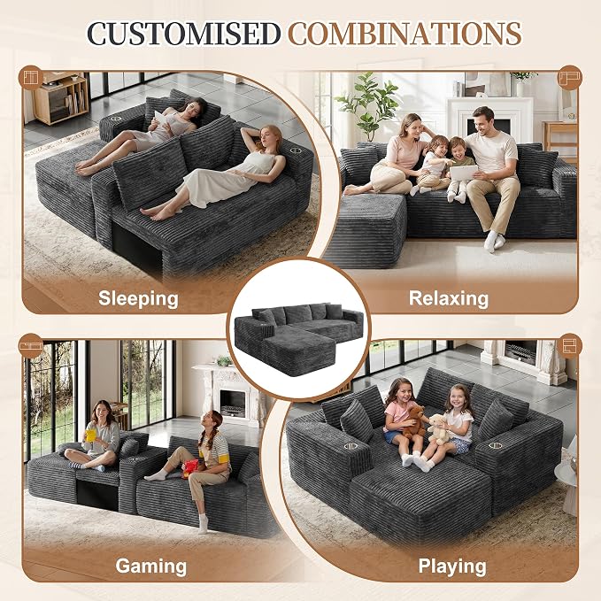 Vongrasig 103" Boneless Sectional Couches for Living Room, L-Shaped Chaise Modular Cloud Couch with Cup Holders on Armrests, Plush Corduroy Comfy Sofa with Memory Foam, No Assembly Required (Grey)