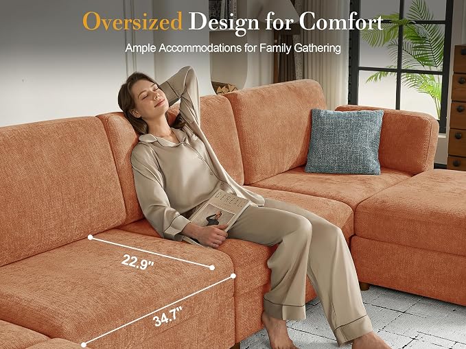 Oversized Modular Sectional Sofa L-Shaped Cloud Couches Brown | 116'' Deep Seat Couch for Living Room, 4-Seater Luxury Corner sofa with Ottoman, Solid Wood Frame, Removable Washable Cover