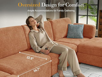 Oversized Modular Sectional Sofa L-Shaped Cloud Couches Brown | 116'' Deep Seat Couch for Living Room, 4-Seater Luxury Corner sofa with Ottoman, Solid Wood Frame, Removable Washable Cover