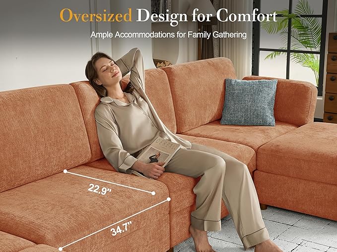 Oversized Modular Sectional Sofa V-Shaped Cloud Couches Brown | Large Deep Seat Couch for Living Room, 7-Seater Luxury Corner Sofa with Ottoman, Solid Wood Frame, Removable Washable Cover