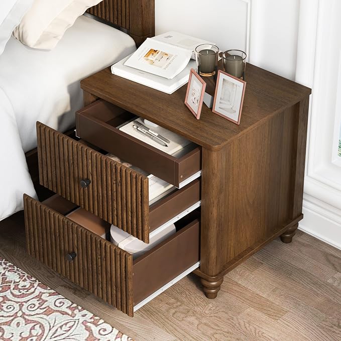 3-Pieces Bedroom Sets, Queen Size Platform Bed with 2 Nightstands, Solid Wood Platform Bed Frame with Tall Headboard and Classic American Turned Legs (Brown-5.25, Queen)